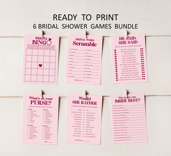 Pink and Red Bridal Shower Games Printable Retro Bridal Shower Games Bundle Bold Fuchsia NOT