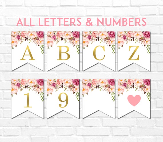 pink floral printable banner alphabet a z and numbers pink etsy