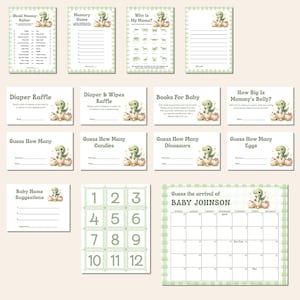 May include: A set of baby shower game cards and a calendar with a green and white gingham design. Each card features a watercolour illustration of a baby dinosaur hatching from an egg. Games include "Would Mommy Rather," "Memory Game," and a calendar to "Guess the arrival of BABY JOHNSON."