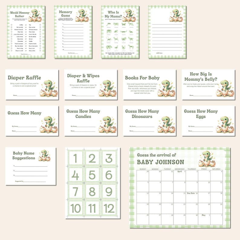 May include: A set of baby shower game cards and a calendar with a green and white gingham design. Each card features a watercolour illustration of a baby dinosaur hatching from an egg. Games include "Would Mommy Rather," "Memory Game," and a calendar to "Guess the arrival of BABY JOHNSON."