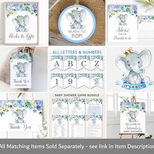 May include: A baby shower game bundle with a blue and white elephant theme. The bundle includes a variety of games, such as "Who Knows Mommy Best?" and "Baby Word Scramble".