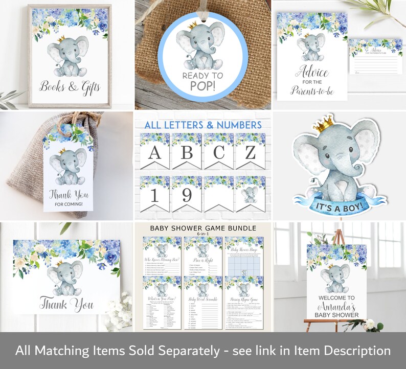 May include: A baby shower game bundle with a blue and white elephant theme. The bundle includes a variety of games, such as "Who Knows Mommy Best?" and "Baby Word Scramble".