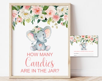 Guess How Many Candies Are In The Jar Elephant Baby Shower Game Blush Pink Floral Candy Guessing Game Printable NOT Editable 0121