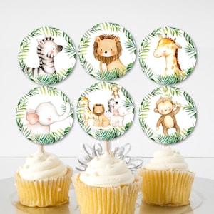 Safari Baby Shower Cupcake Toppers, Jungle Animals Wild One Baby Shower Birthday Printable 0127