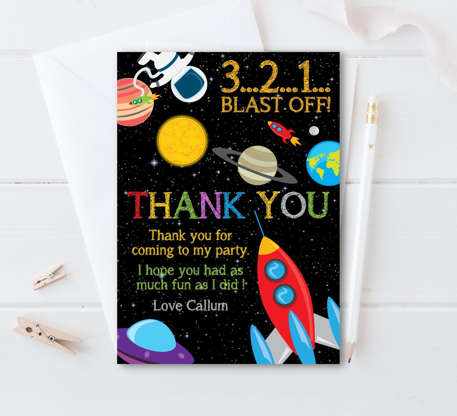 Thank You Card Outer Space Birthday Thank You Note Card | Etsy
