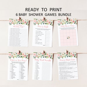 K&ouml;nnte beinhalten: Ein Set mit sechs druckbaren Babyparty-Spielen mit floralen Designs. Die Spiele beinhalten "Wer kennt Mama am besten?", "Preis ist richtig", "Babyparty-Bingo", "Was ist in deiner Tasche?", "Baby-Wortsalat" und "Kinderreim-Spiel".