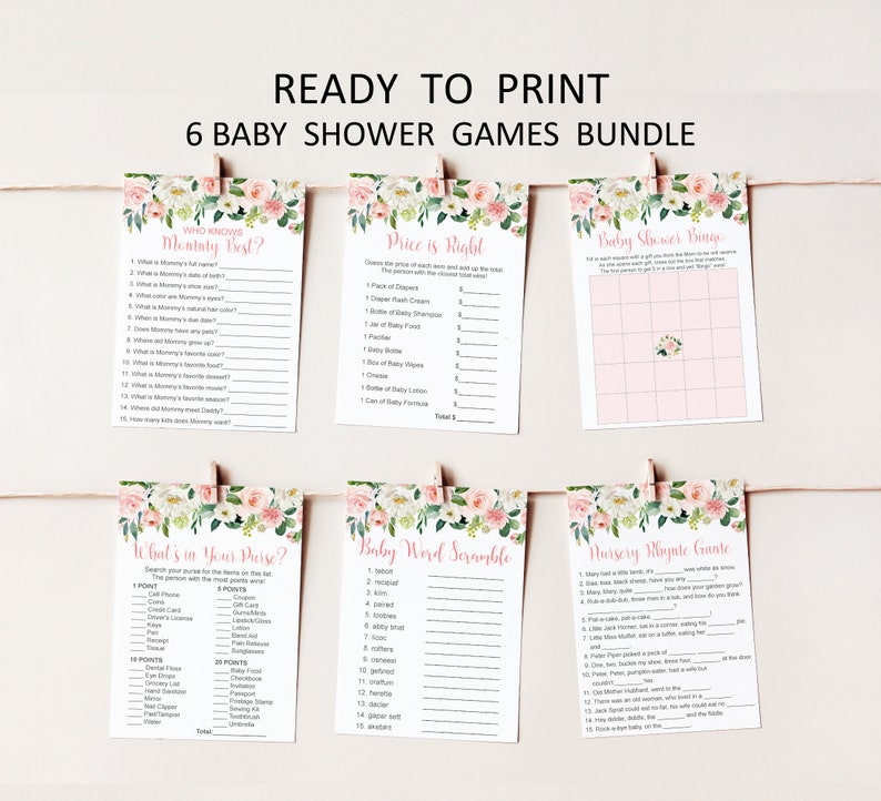 K&ouml;nnte beinhalten: Ein Set mit sechs druckbaren Babyparty-Spielen mit floralen Designs. Die Spiele beinhalten "Wer kennt Mama am besten?", "Preis ist richtig", "Babyparty-Bingo", "Was ist in deiner Tasche?", "Baby-Wortsalat" und "Kinderreim-Spiel".
