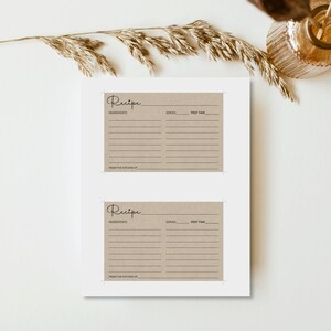 May include: Two brown recipe cards with a handwritten "Recipe" title, lines for ingredients, serves, and prep time, and the text "From the Kitchen of" at the bottom.