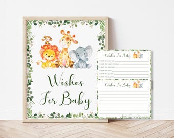 Safari Baby Shower Wishes for Baby Card, Jungle Animals Baby Advice Card, Baby Wish Cards, 0128