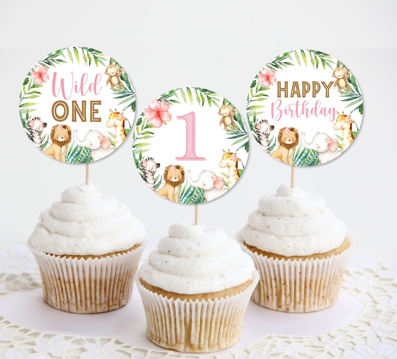 Wild One Cupcake Toppers Pink Safari Birthday Cupcake Decor Etsy