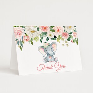 Carte de remerciement éléphant carte de remerciement florale éléphant rose fichier imprimable non modifiable 0121