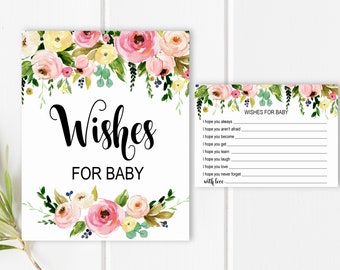 Wünsche für Babykarten Babyparty-Aktivität Babywunschkarten und Zeichen Printable Garten Rosa Blumen NICHT Bearbeitbar C37