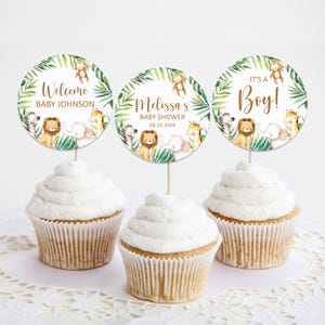 Editable Jungle Safari Baby Shower Cupcake Toppers Wild One Baby Shower Cupcake Decor Printable Template Corjl 0127
