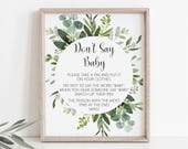 Don't Say Baby Clothespin Game Succulent Greenery Baby Shower Game Gender Neutral Game Printable Green Leaves Eucalyptus NOT Editable C91