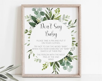 Don't Say Baby Clothespin Game Succulent Greenery Baby Shower Game Gender Neutral Game Printable Green Leaves Eucalyptus NOT Editable C91