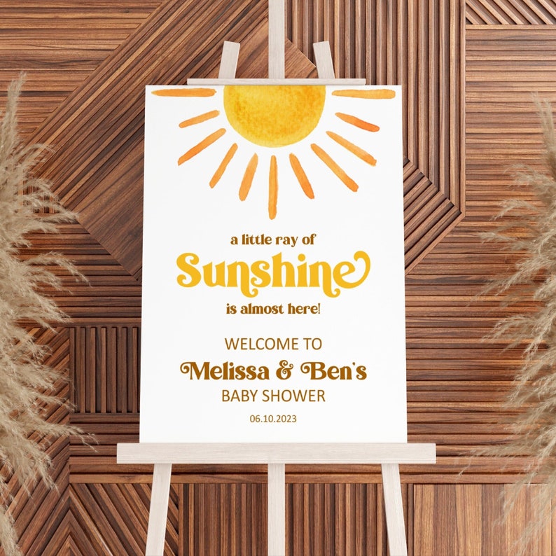 Bearbeitbares Sunshine Baby Shower Willkommensschild Ein kleiner Sonnenstrahl Willkommensschild Boho Sun Baby Shower Sign Printable Corjl 0118 Bild 1