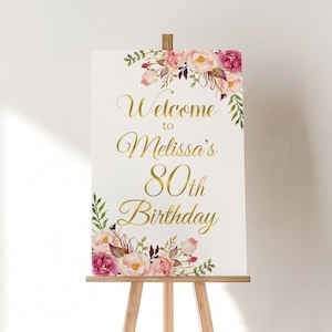 Custom Women&#39;s Birthday Welcome Sign – Pink Floral Gold Printable Party Decoration for Any Age A36 A37 A54