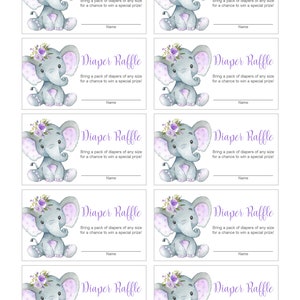 Elephant Baby Shower Diaper Raffle Tickets Printable Purple Elephant ...