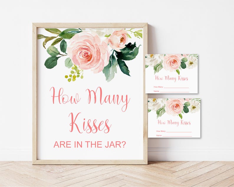 Blush Pink Guess How Many Kisses Are In The Jar Floral Shower Game Printable, B80 image 1