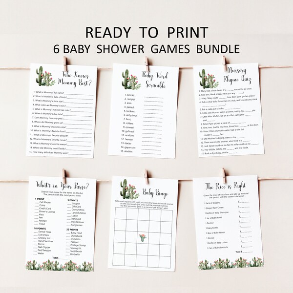Succulent Cactus Baby Shower Games Printable Game Bundle Boho Fiesta Baby Shower Games 0149