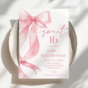 May include: A pink and white invitation card for a Sweet 16 birthday. The card features a watercolor bow and the text "sweet 16". The invitation includes the name "Emily's", the date, time, and location.
