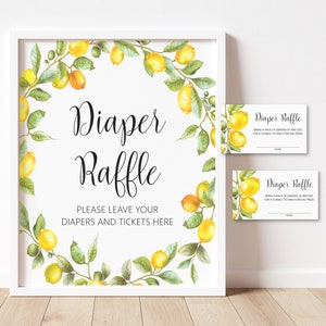 Tirage au sort de couches et jeu de baby shower aux agrumes avec enseigne, jeu de baby shower neutre en termes de genre, imprimable, non modifiable 0140