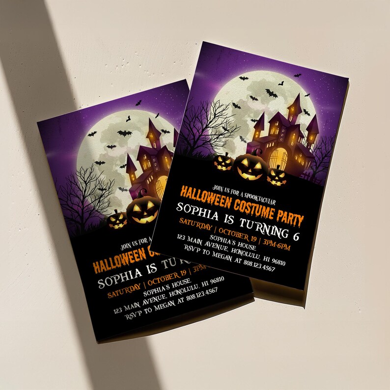 Editable Spooky Halloween Invitation Kids Birthday Costume Party Invite Printable Template Purple Scary Pumpkins Haunted House