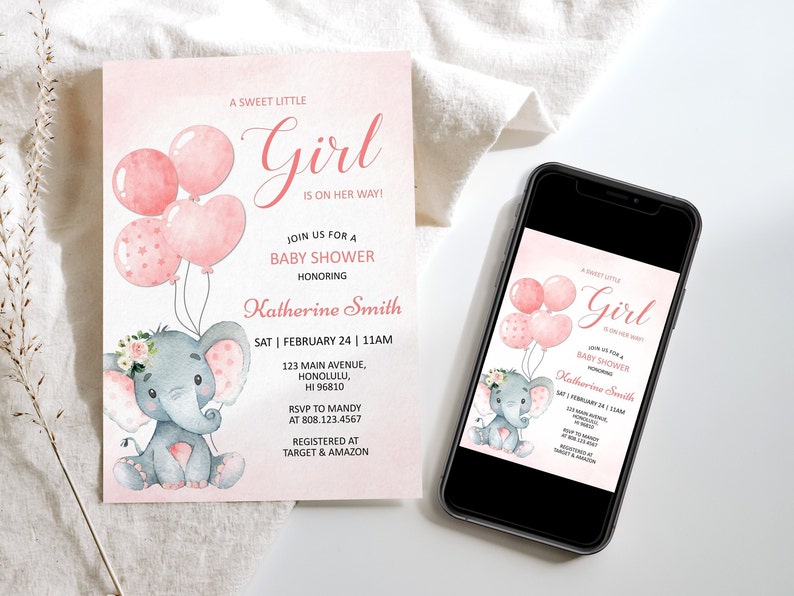 Editable Pink Elephant Baby Shower Invitation Template, Digital ...