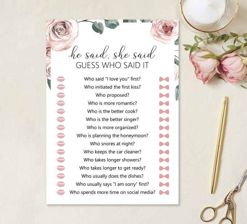 He Said She Said Bridal Shower Game Guess Who Said It Game Etsy