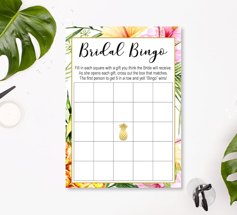 May include: A printable bridal shower bingo card with a tropical theme. The card has a floral border and a pineapple in the center. The text on the card reads "Bridal Bingo" and includes instructions for playing the game.