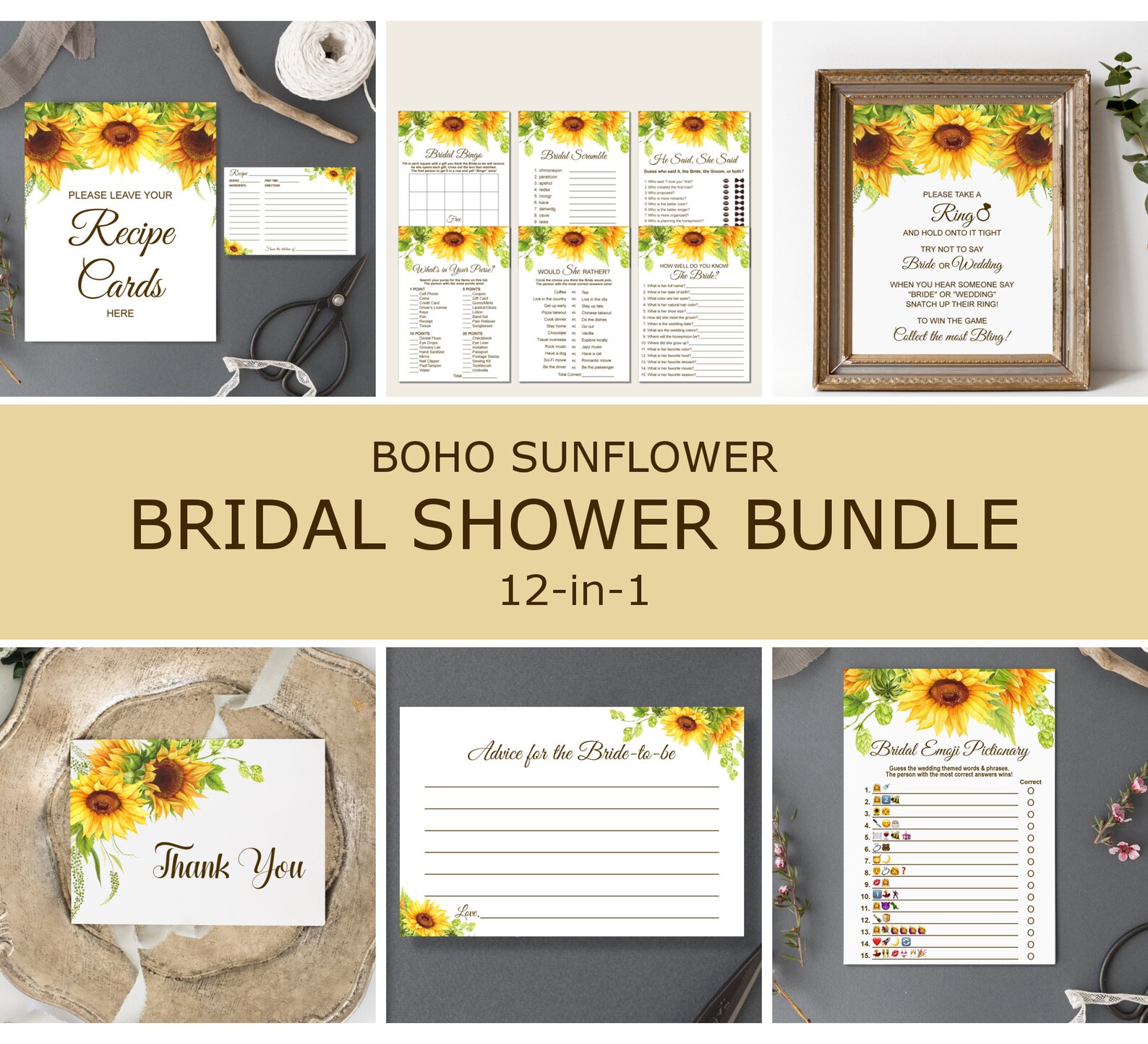 Sunflower Bridal Shower Games Printable Rustic Boho Bridal - Etsy