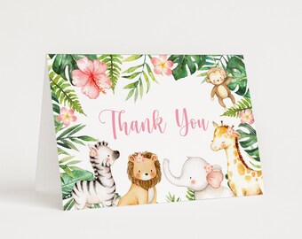 Safari Girl Thank You Card – Pink Jungle Animals Baby Shower or Birthday Printable 0127