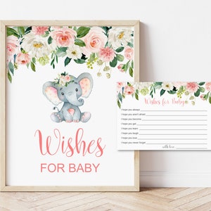 Wishes for Baby Printable Elephant Baby Shower Blush Pink Floral Girl Baby Shower Activity Cards & Sign Printable NOT Editable 0121