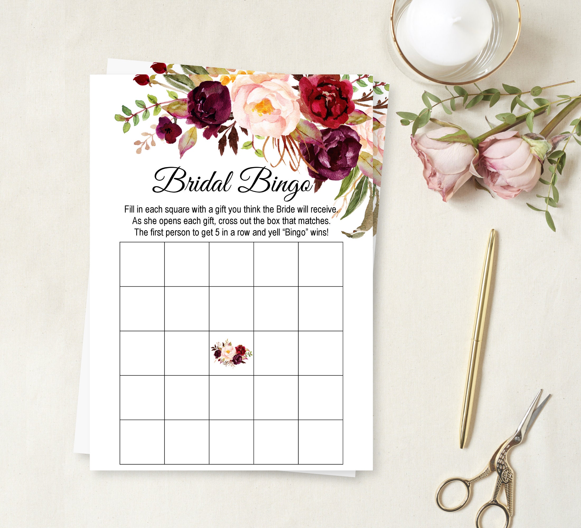 Burgundy Bridal Shower Bingo Printable Blank Bingo Cards Bingo Template  Bridal Shower Game Floral Marsala Maroon Pink Instant Download B23 Throughout Blank Bridal Shower Bingo Template