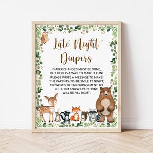 Late Night Diapers Sign Woodland Baby Shower Sign Greenery Woodland Animals Baby Shower Activity Game Sign Printable NOT Editable 0120