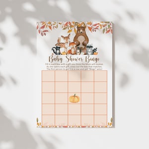 Tarjeta de bingo para baby shower de bosque, baby shower de otoño, juego de baby shower de animales del bosque, imprimible, no editable, 0130