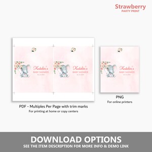May include: Printable baby shower favour tags featuring a pink and grey elephant with flowers. The text reads "Katelin's Baby Shower 02.24.20XX".