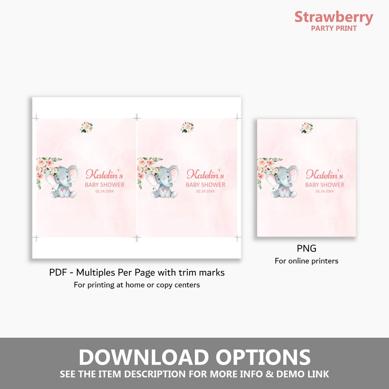 May include: Printable baby shower favour tags featuring a pink and grey elephant with flowers. The text reads "Katelin's Baby Shower 02.24.20XX".