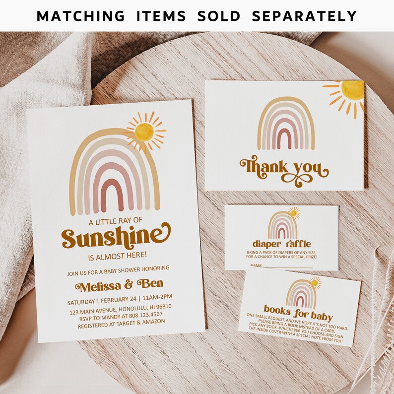 May include: A baby shower invitation with a rainbow and sun design. The invitation says "A little ray of sunshine is almost here!" and includes the names Melissa & Ben, the date and time of the shower, and the address. There are also cards for a diaper raffle and a book request.
