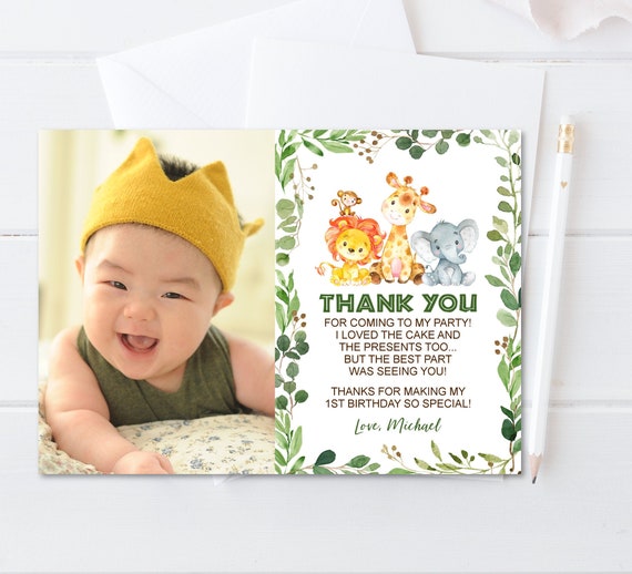 Thank You Card Jungle Safari Wild One Birthday Party Animals Boy 