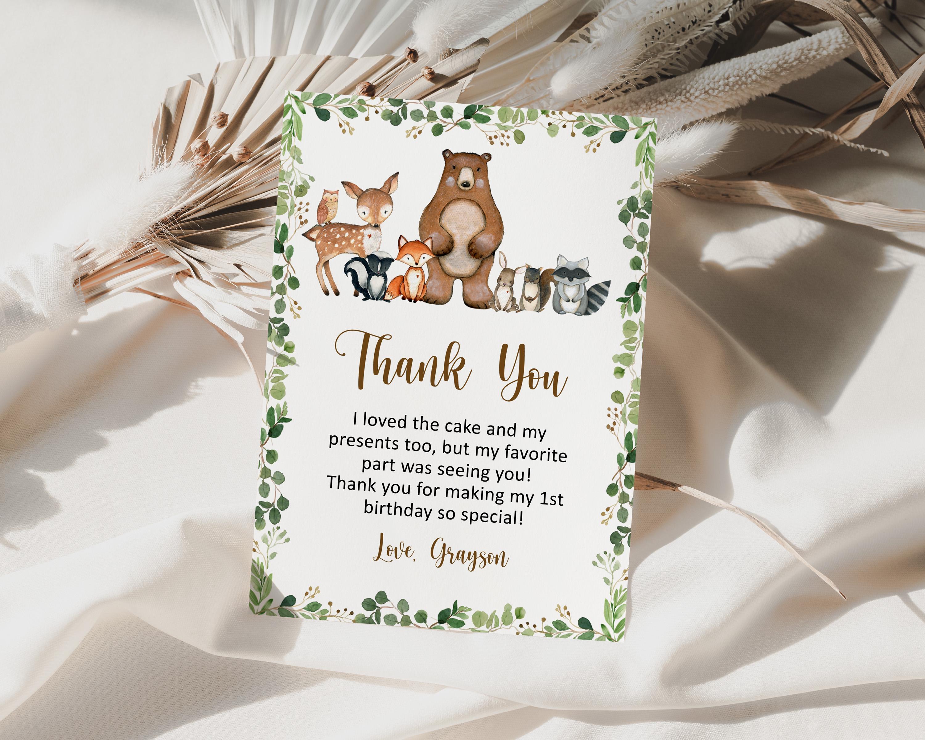 Editable Woodland Birthday Thank You Card, Woodland Animals Wild One ...