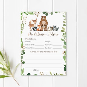 Kaarten voor voorspellingen en advies van baby's Bos babyshowerspel Groen bosdieren Bos babyshowerspel Afdrukbaar NIET bewerkbaar 0120