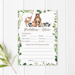 Baby Predictions and Advice Cards Woodland Baby Shower Game Greenery Woodland Animals Forest Baby Shower Game Printable NOT Editable 0120