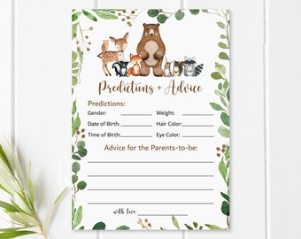 Tarjetas de predicciones y consejos para bebés Juego de baby shower con temática de bosque Animales del bosque Juego de baby shower imprimible NO editable 0120