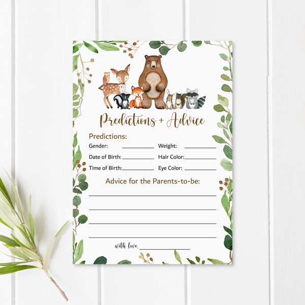 Baby Predictions and Advice Cards Woodland Baby Shower Game Greenery Woodland Animals Forest Baby Shower Game Printable NOT Editable 0120