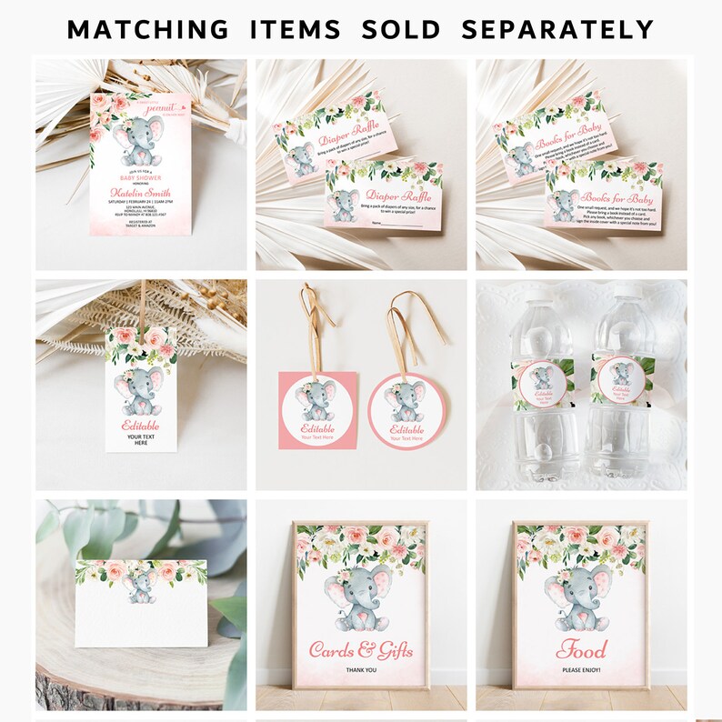 May include: A set of printable baby shower decorations featuring a cute gray elephant with pink floral accents. The set includes invitations, diaper raffle tickets, book request cards, water bottle labels, favor tags, and signs for cards and gifts and food. The text on the invitations reads "Join us to celebrate the arrival of our little one".