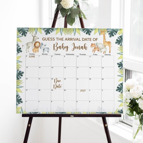 Gepersonaliseerde safari babyshower spelposter, raad de uitgerekende datum kalender, jungle geboortedatum poster printbaar 0129