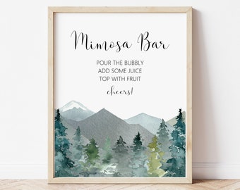 Mimosa Bar Sign Winter Woodland Mountains Trees Adventure Bridal Shower Birthday Sign Drinks Sign Printable NOT Editable A89 B96