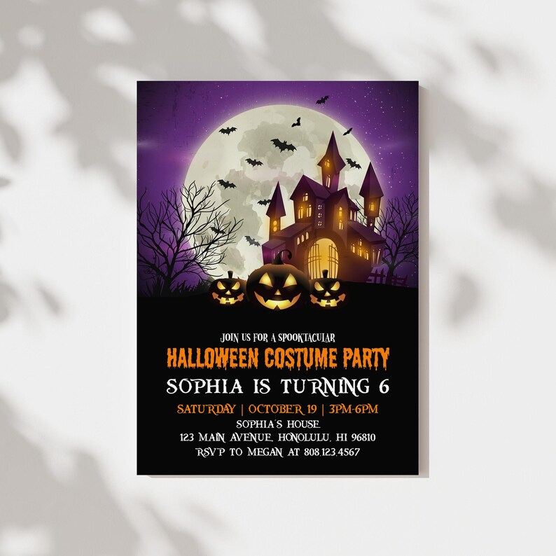 Editable Spooky Halloween Invitation Kids Birthday Costume Party Invite Printable Template Purple Scary Pumpkins Haunted House