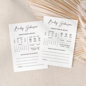Bewerkbare kaart met voorspellingen en advies voor babyshowers Kaart met voorspellingen voor baby's Eenvoudige minimalistische spelsjabloon voor babyshowers Corjl 0122